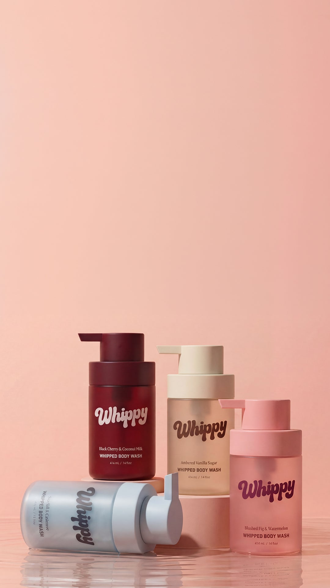 Whippy Whipped Body Wash full collection — Black Cherry & Coconut Milk, Sea Salt & Cashmere, Ambered Vanilla Sugar, and Blushed Fig & Watermelon
