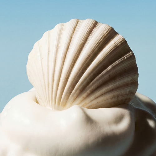 Seashell resting on whipped foam lather, Whippy Sea Salt & Cashmere scent